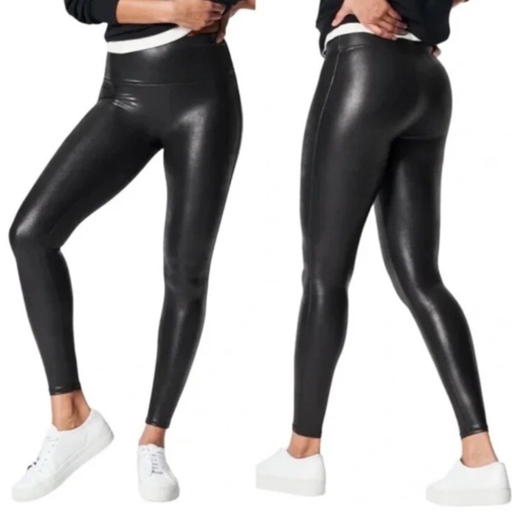 Spanx women's Black High Waisted Faux Leather Leggings Biker size small